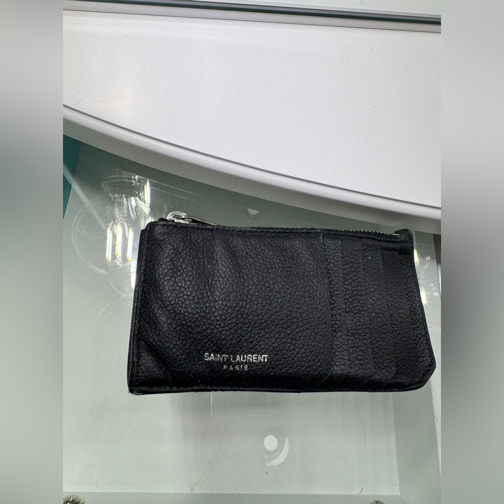 SAINT LAURENT PARIS FRAGMENTS ZIPPED CARD CASE GRAIN DE POUDRE EMBOSSED LEATHER